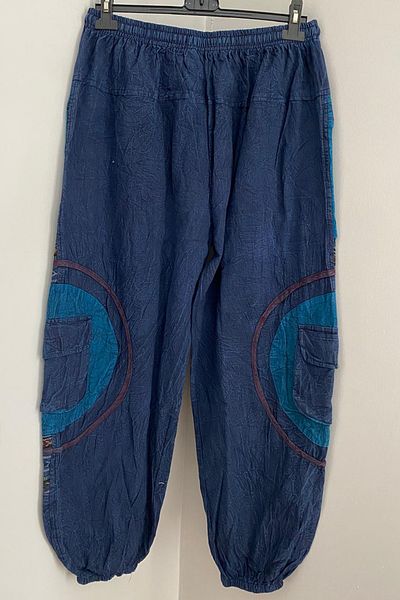AYASOFYA OTANTIK Unisex Nepalese Blue Ethnic Authentic Loose Hippie Bohemian Trousers with Elastic Waist and Legs and Zippered Pockets