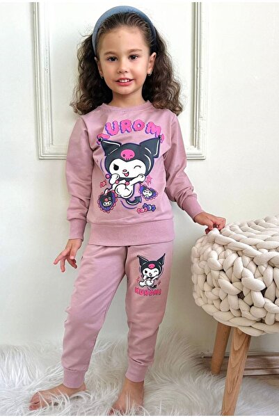 yagmurgiyim Kuromi Patterned Dusty Rose Tracksuit Set for Girls - 100% Cotton...