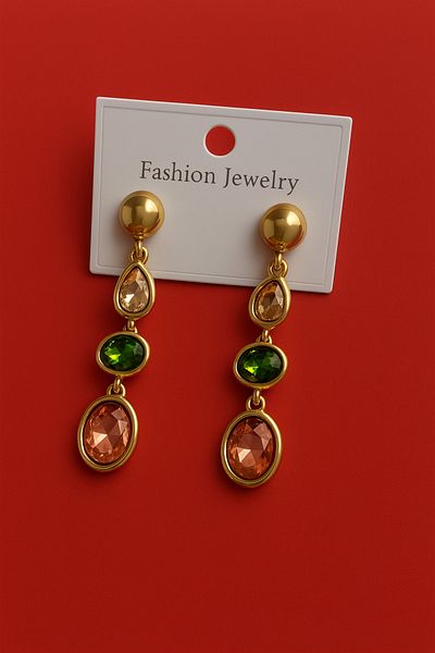Happy Vibes Emerald Detailed Gold Colored Stone Dangle Earrings