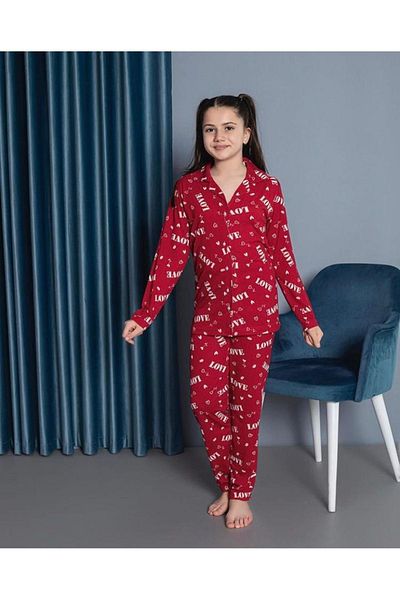 yagmurgiyim Set de pijamale pentru fete Işılay Selen Waiter cu model Burgundy Love - Mâneci lungi, nasturi în față, 7-14 ani 38