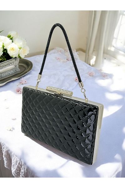 Wedding Fashion Negru de lux din piele lacuita maner din piatra matlasat cu model geanta rochie de seara pentru femei nunta logodna absolvire