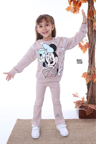 yagmurgiyim Minnie Print Beige Girls' Set - Ribbed Leggings, 100% Cotton, 3-10 Years 7259-B