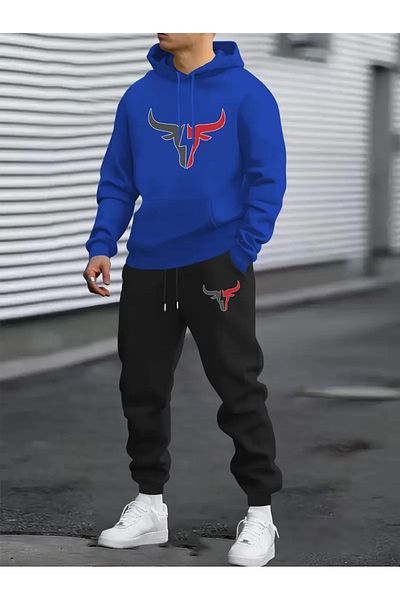 Minikelya Men Casual Door Sweatshirt & Sweatpants, Bull Head Print, Long Sleeves