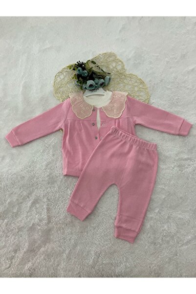 Yağmur Giyim 100% Cotton Scallop Collar Pink Cardigan 3 Piece Girls Set 6-9-1...