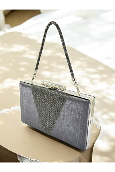 MidStore Γυναικεία βραδινή τσάντα φορέματος με γκρι ανθρακί πλατίνα πέτρα με ριγέ σατέν και κρυστάλλινη πέτρα