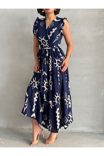 BEJNA Marineblaues, gewebtes Damenkleid mit Fliegenärmeln und zweireihigem Ausschnitt
