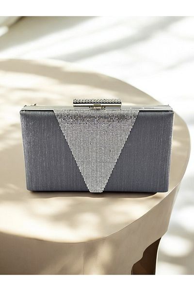 MidStore Geantă de rochie de seară pentru femei, gri antracit, cu dungi din satin, cu cristale argintii, decorate cu piatră