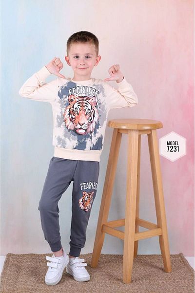 yagmurgiyim Boys' Tracksuit Set Pjk2I - Tiger Pattern, Smoked 2 String, 100% Cotton, 3-10 Years 7231-F