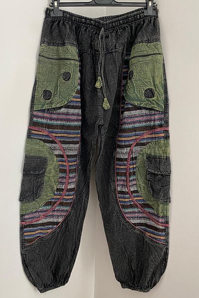 AYASOFYA OTANTIK Unisex Nepal Μαύρο Ethnic Αυθεντικό Χαλαρό Παντελόνι Bohemian με τσέπες με φερμουάρ και ελαστικές πόδια