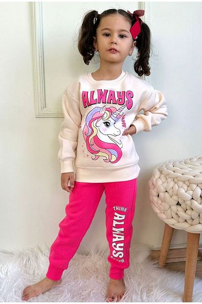 yagmurgiyim PJK3İ Σετ φόρμας για κορίτσια με μοτίβο Unicorn Fuchsia 3 Thread Rose Gold 100% βαμβάκι 3-10 ετών 7369-F