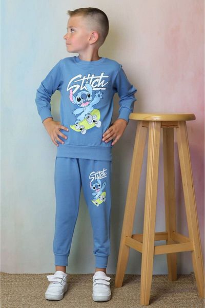 yagmurgiyim Pjk2i Stitch Patterned Blue 2 Thread 100% Cotton Σετ αθλητικής φόρμας για αγόρι 3-10 ετών 7319-m