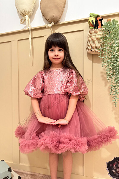 penu baby kids Gül Kurusu Payetli Balon Kollu Grenli Tül Etek Ucu Fırfırlı Kız Bebek & Kız Çocuk Elbise - Terr