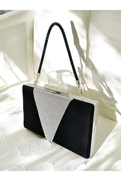 MidStore Culoare Neagră Satin Culoare Argintiu Cristal Piatră Mâner Femei Gea...