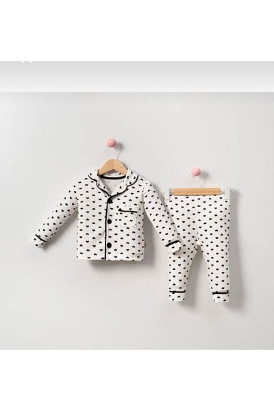 yagmurgiyim Black Heart Patterned Baby Pajamas Set - 100% Cotton, 2-5 Years 051-S