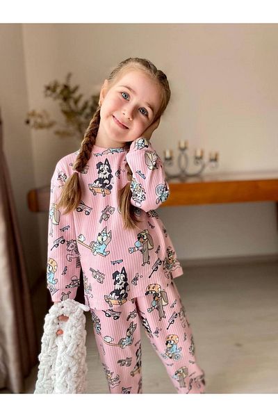 CANDA Isob Pink Bluey Patterned Corded Fabric 100% Cotton Girls' Pajamas Set 3-8 Years 31221-P