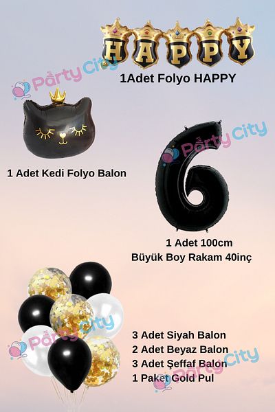 Party City 6 Year Old Crowned Black Cat Themed Foil Balloon Set - Birthday Celebration