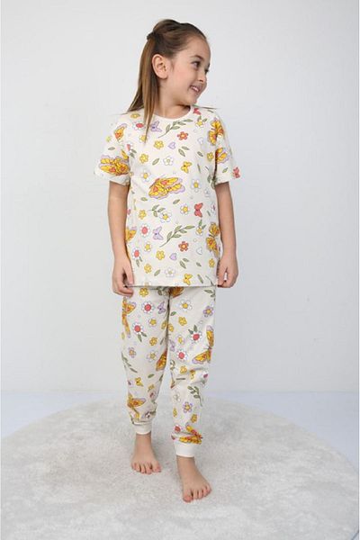 Yağmur Giyim Isob Butterfly Patterned 100% Cotton Girls Pajamas Set 3-8 Years 21208-E