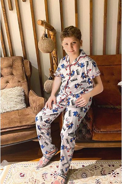 yagmurgiyim Pjkö Sonic Patterned Gray Short Sleeve Front Buttoned Boys' Pajamas Set 4-12 Years 0603K