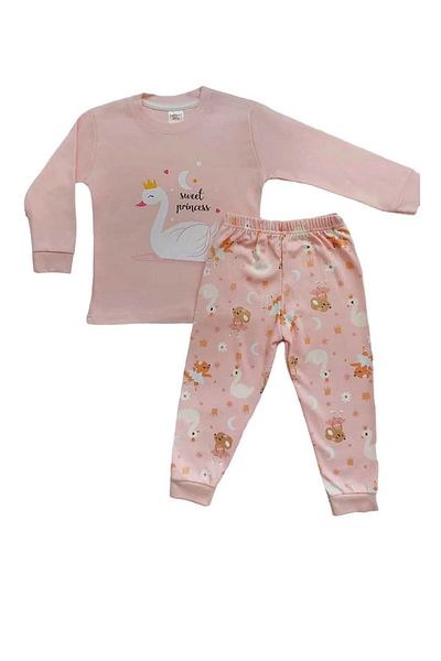 Yağmur Giyim *Elmp Powder Color Swan Pattern 100% Cotton Girl's Pajamas Set 1-9 Years 2211