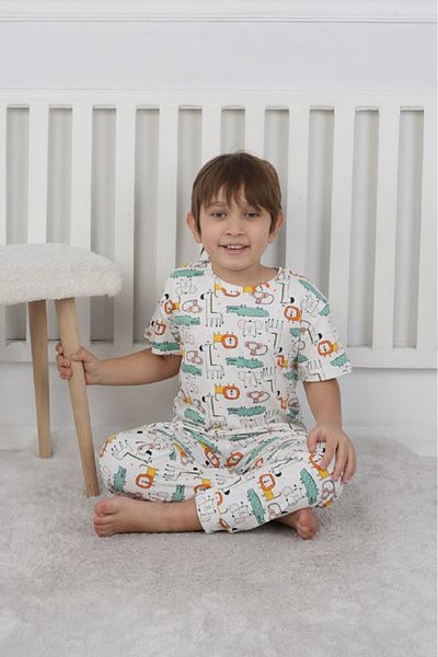 Yağmur Giyim Men's Short Sleeve Pajamas Isob Ecru Animal World Pattern 3-8 Years
