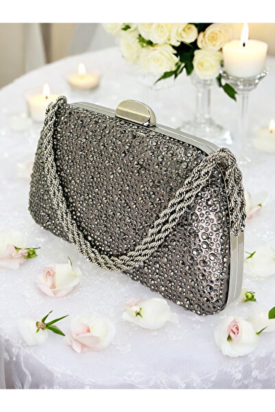 Generic Brand Chain Handle Stone Evening Dress Bag Stylish Anthracite Gray Pl...