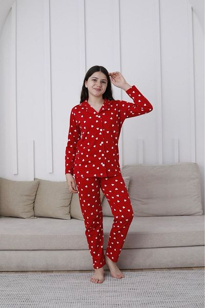 Yağmur Giyim Kapıp Red Front Buttoned Long Sleeve Girl's Pajamas Set 10-15 Years 59116-K