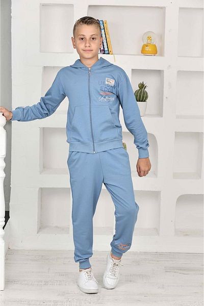 yagmurgiyim PJK2İ Urban Patterned Blue 2 Κλωστές 100% Βαμβακερό Σετ Φούτερ με φερμουάρ για αγόρια 5-14 ετών 7466-M