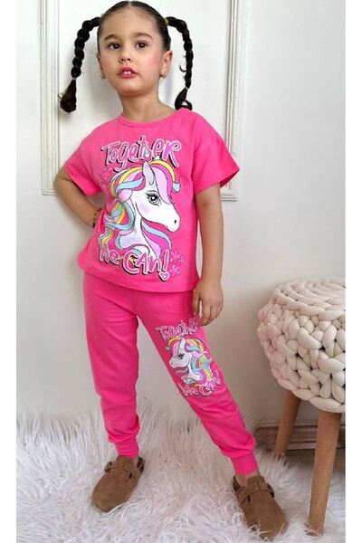 Yağmur Giyim Unicorn Motif Fuchsia Girl's Outfit with Tracksuit 3-10 Years