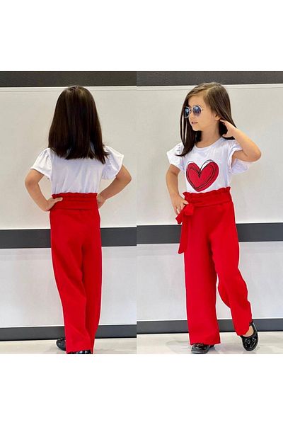 Yağmur Giyim Heart Patterned Cropled Fabric Pants Girls' Suit Red 3-10 Years 7050-K
