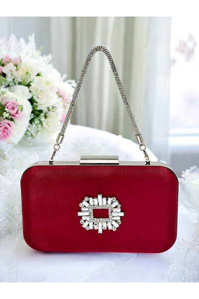 MidStore Geantă de seară din satin cu mânere din cristal bordou, pentru femei, geantă de ocazie, nuntă, logodnă, absolvire.