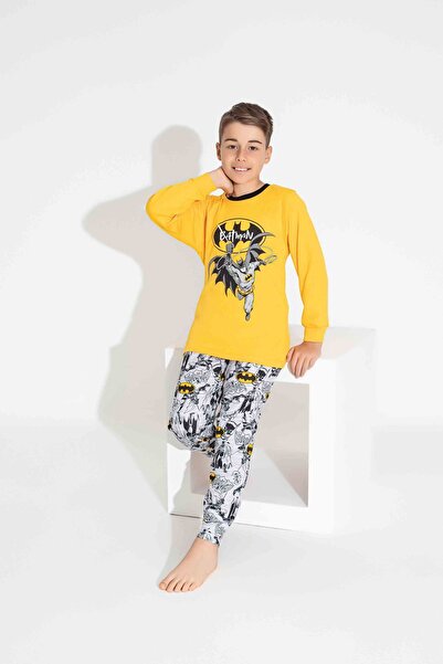 yagmurgiyim TARP Sarı Batman Baskılı İnterlok Erkek Çocuk Pijama Takımı 3-11 Yaş 3730-3731-S