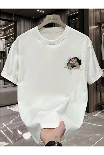 LAND MODA Βαμβακερό μπλουζάκι με φαρδύ κόψιμο, διασκεδαστικό σχέδιο γάτας με ...