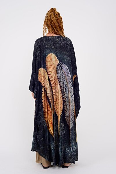 Hazinedan CHIMONO STIL AUTENTIC CAFTAN NEGRU CU DETAIL CREAȚĂ CU PENE