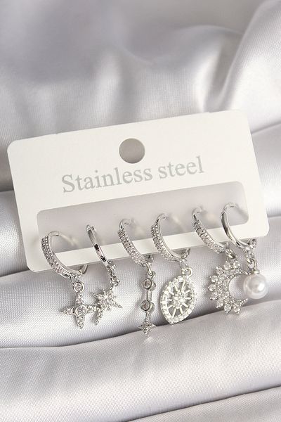 E BULURUM Brass Silver Color Zircon Stone Eye Figure Pearl Detail Women's Earring Set