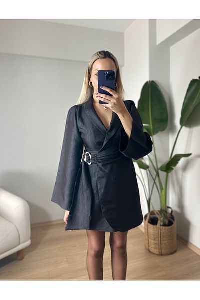 LifeisFashion Lifeisfashion Double Breasted Lapel Buckle Blazer Dress