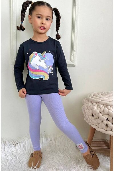 Yağmur Giyim Unicorn Patterned Children's Set 7502-L 3-10 Years Old Fat Black Lilac Fleece Leggings for Girls