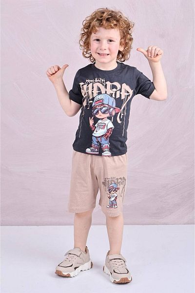 Yağmur Giyim Pjkskt Rapper Kids Pattern Beige Shorts Boy's Short Sleeve Suit 7584-B