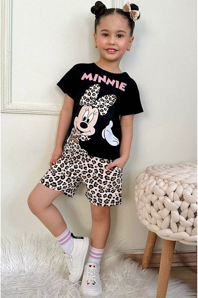 Yağmur Giyim Pjkskt Minnie Mause Patterned Black Shorts Girl's Short Sleeve Suit 7570-S