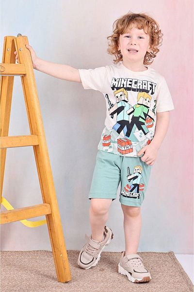 Yağmur Giyim Pjkskt Minec Patterned Green Shorts Boy's Short Sleeve Suit 7525-Y