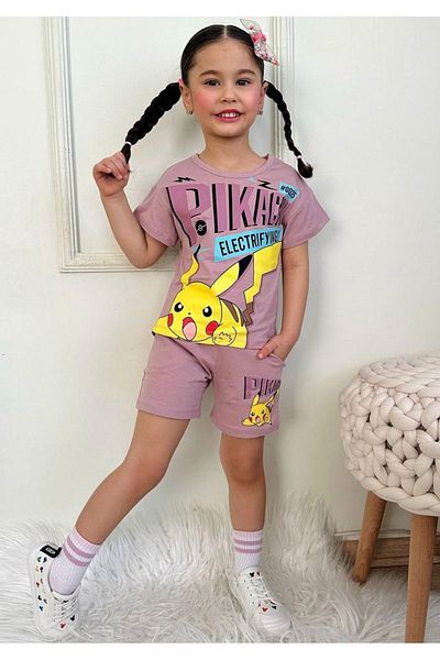 Yağmur Giyim Pikachu Patterned Girl Shorts Suit, Tight Sleeve, 7569-Gk Number