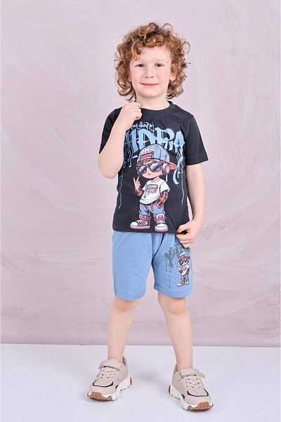 Yağmur Giyim PJKSKT Rapper Boy Model Pantaloni scurți albaștri Costum cu mânecă scurtă pentru băiat 7584-M