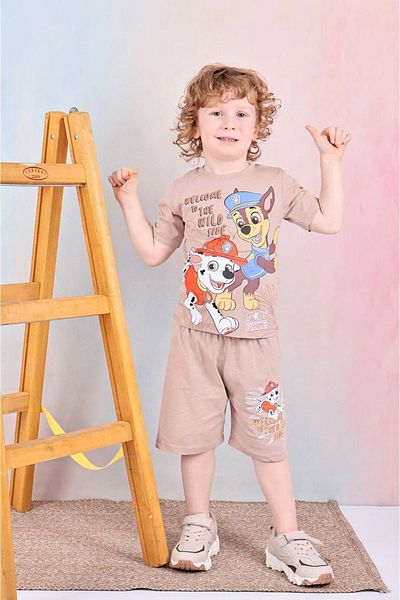 Yağmur Giyim Pjkskt Paw Petrol Patterned Beige Shorts Boy's Short Sleeve Suit 7581-B