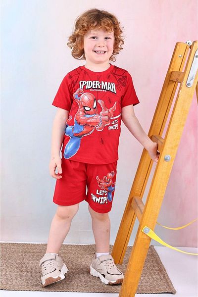 Yağmur Giyim Pjkskt Spiderman Patterned Red Shorts Boy's Short Sleeve Suit 7526-K
