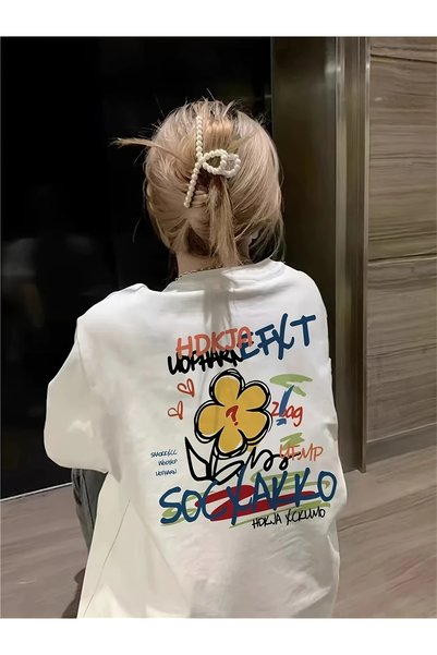 AZIZI TEKSTIL Tricou alb supradimensionat pentru femei cu imprimeu graffiti viu - mânecă scurtă, croială lejeră,