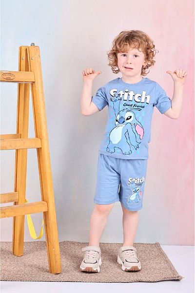 Yağmur Giyim Pjkskt Stitch Pattern Blue Shorts Boy's Short Sleeve Suit 7563-m