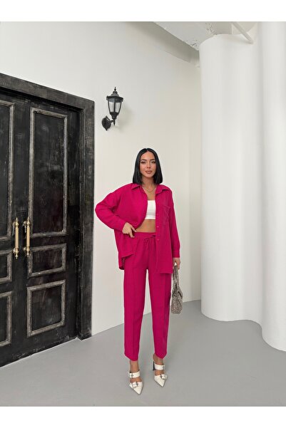 alenmoda Women's Double Linen Shirt Pants Bottom Top Set