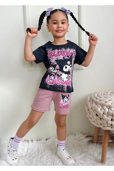 Yağmur Giyim Kuromi Patterned Dusty Rose Shorts Girl Suit Broken Top