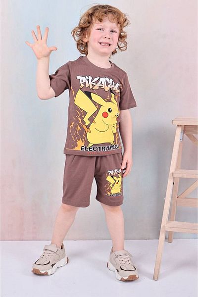 Yağmur Giyim Pjkskt Boys Short Sleeve Set with Pikachu Pattern Brown Shorts 7609-K