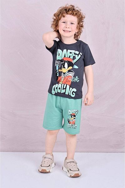 Yağmur Giyim Pjkskt Daffy Pattern Green Shorts Boy's Short Sleeve Suit 7585-Y