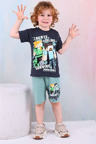 Yağmur Giyim Pjkskt Minec Patterned Green Shorts Boy's Short Sleeve Suit 7547-Y
